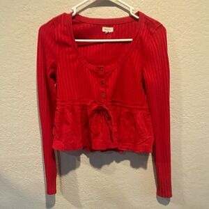 Pilcro Red Ribbed Knit Button Front Ruffle Scoop Neck Long Sleeve Top XS